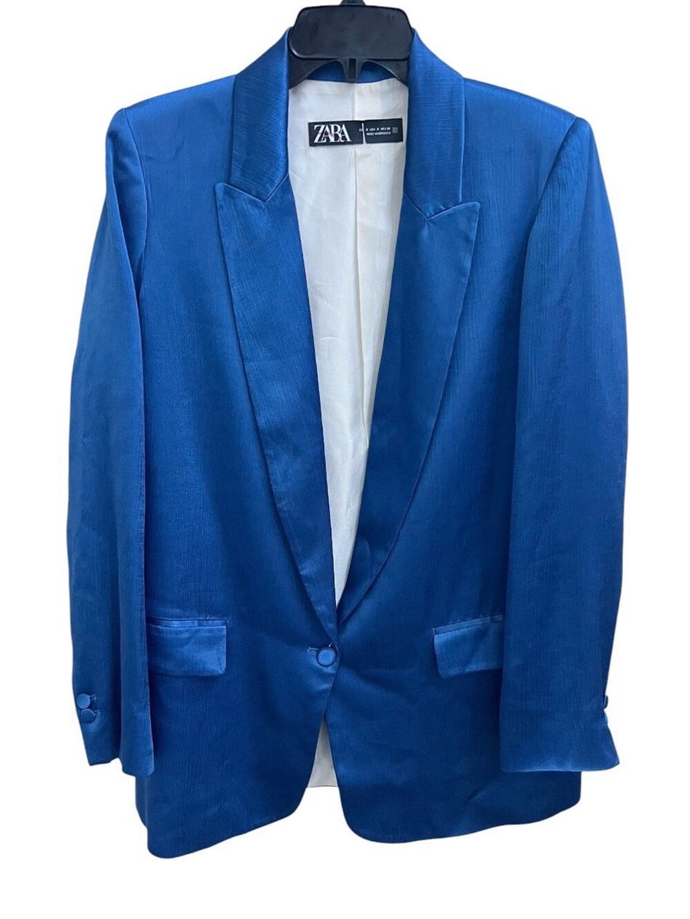 Zara Royal Blue Satin Blogger's Fave Blazer Jacket Women's Sz S Oversized